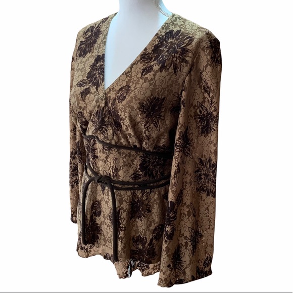 WRAP FRONT LACE LONG SLEEVE TAN BROWN DRESSY PARTY HOLIDAY TOP - Picture 2 of 8